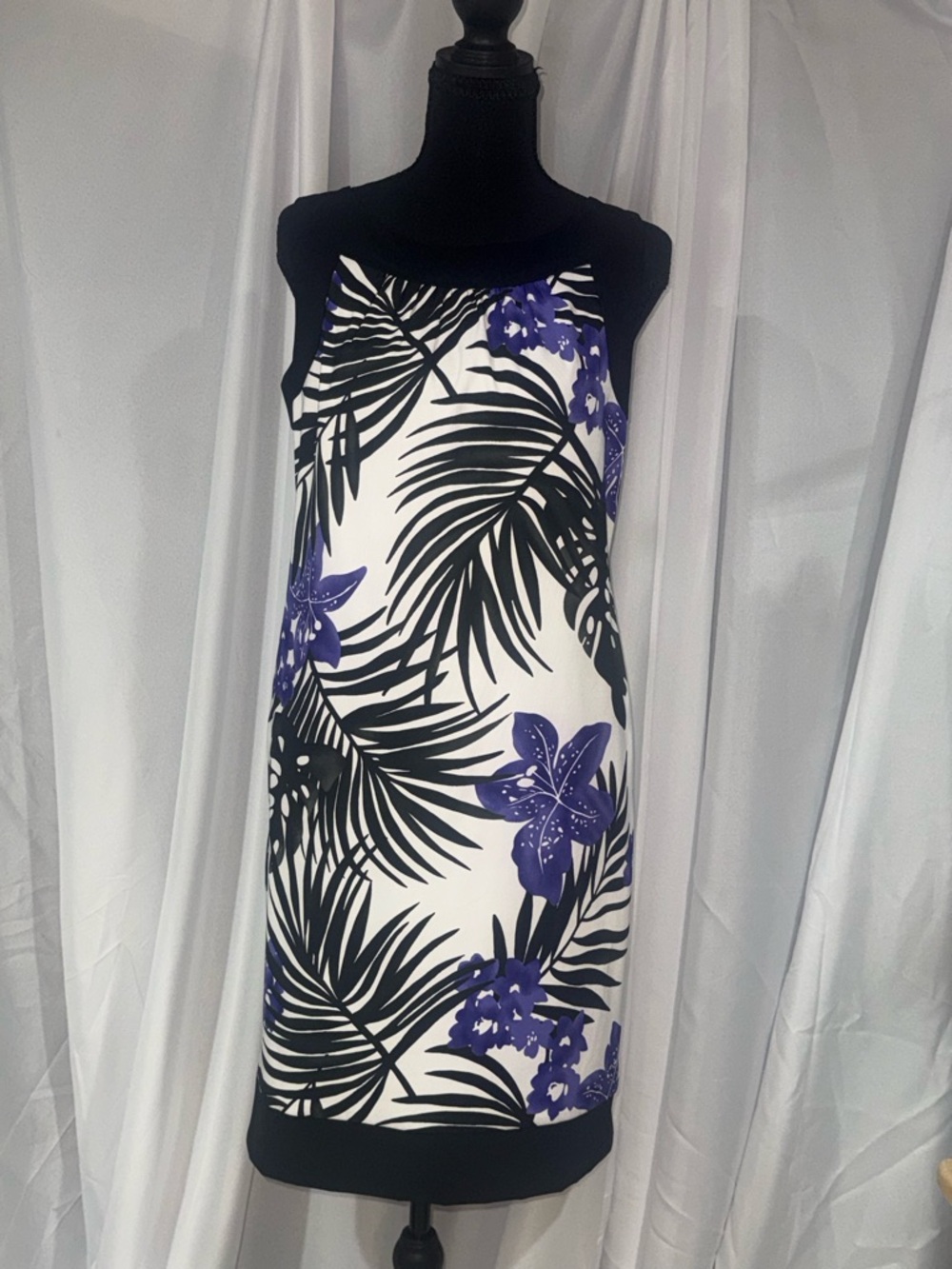 AB Studio Black and White Midi Dress with Purple Floral Print